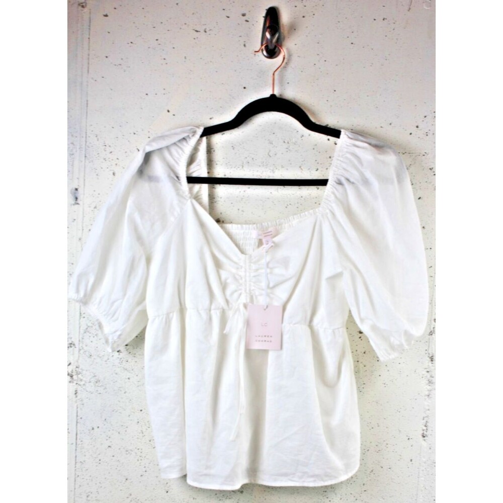 Lauren Conrad Blouse Womens sz L Puff Sleeve Top Gathered Tie Front NWT